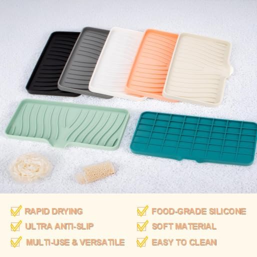 Silicone Soap Dish with Drainer | Quick-Dry Holder for Sponge, Dispenser, Scrubber, Bottle and Cup | for Kitchen, Shower and Bathroom (Beige, Large, 1 Pack)