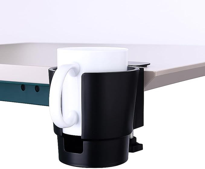 Universal Large Desk Cup Holder Clamp on, Heavy Duty Plastic Drink Holder for Table, Porch Swing, Patio Chair, Clip On Anti-Spill Bottle Holder for Most Cups, Bottles, Cans, Tumbles, Black, Pack of 1