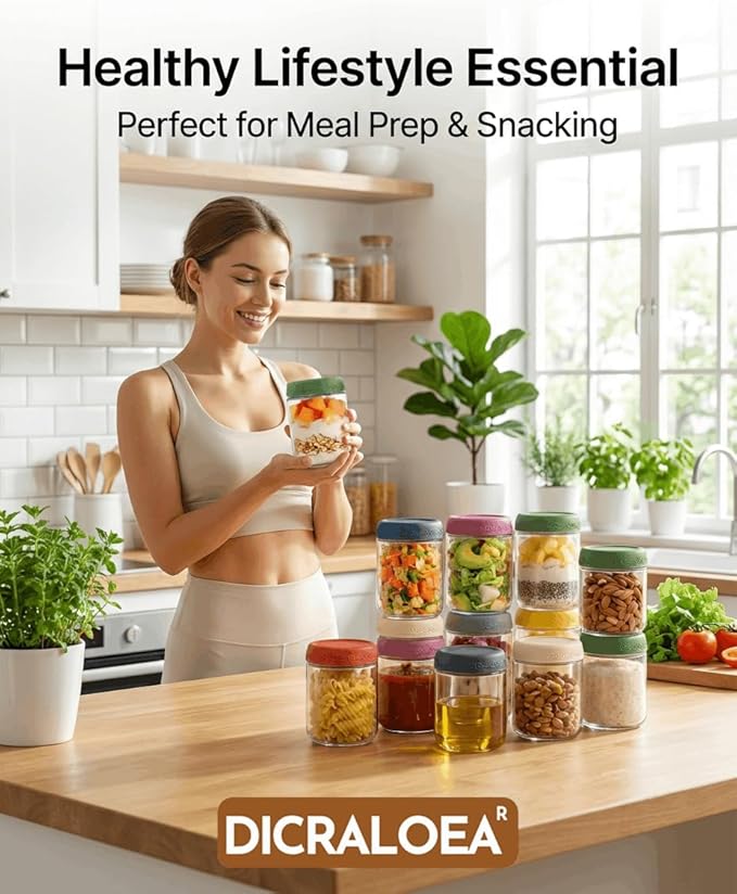 16oz 8Pack Glass Overnight Oats Jars Containers with Airtight Leakproof Lids, Reusable Mason Jars for Meal Prep, Yogurt Parfaits, Smoothies, Salads & Healthy Breakfast(16oz-8Pack)