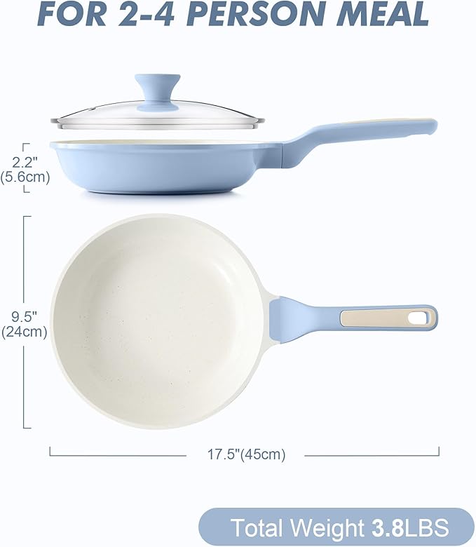 SENSARTE Nonstick Ceramic Frying Pan with Lid 9.5 Inch Omelet Pan Skillet, Free of Intentionally Added PFAS/PTFE Non-toxic Chef's Pan Induction Compatible Pan, Heat Resistant Handle, Glacier Blue