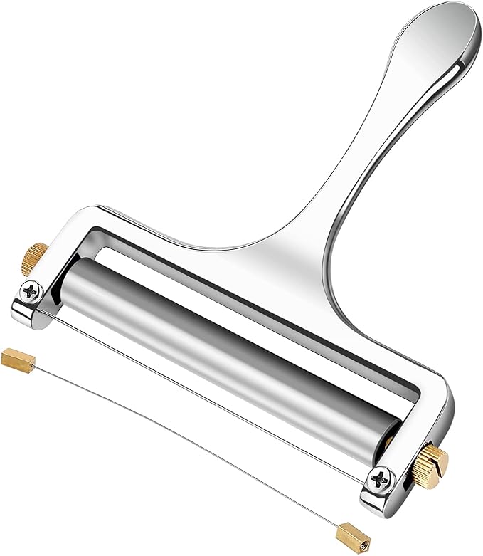 TOPULORS Wire Cheese Slicer Stainless Steel Handheld Cheese Cutter for Mozzarella, Cheddar, Gruyere - with 1 Extra Wire - Adjustable Thickness Cheese Shaver Cheese Slicers for Block Cheese (Silver)