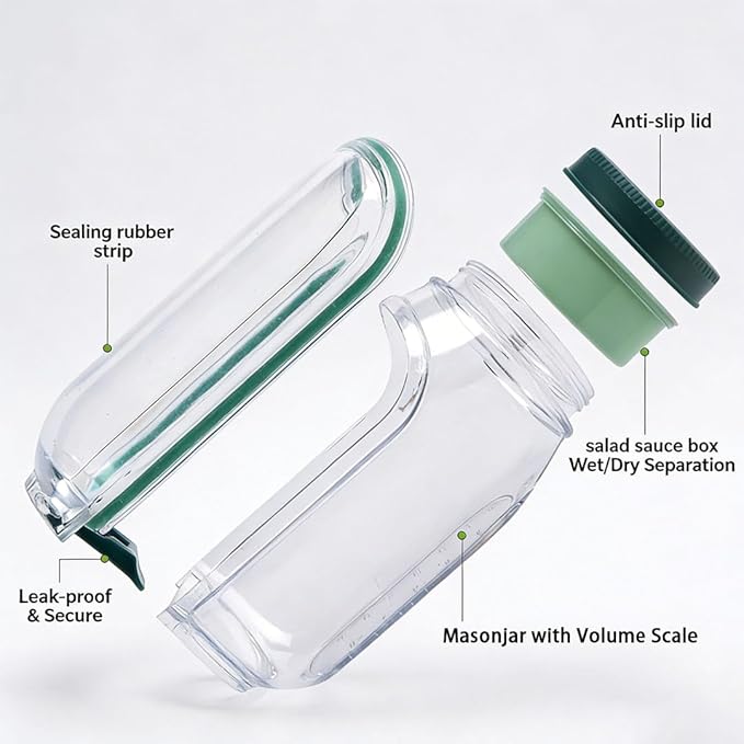Portable Side Open Salad Jar with Leakproof Dressing Container - Removable Lid Converts to Bowl, Food Grade Reusable, Freezer Dishwasher Safe for Meal Prep Work Travel