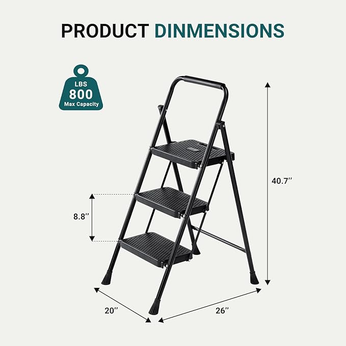 SMUG Step Ladder, 3 Step Stool Foldable with Anti-Slip Pedal & Comfortable Handrail, 800lbs Capacity Sturdy Steel Ladder, Protable Heavy Duty Step Stool for Kitchen, Garage & Outdoor Use, Black