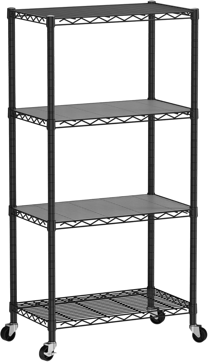 SINGAYE 4 Shelf Storage Wire Shelves Closet Bathroom Organizers Metal Pantry Kitchen Garage Shelving Unit Laundry Room Organization Home Narrow Rack Net Basket with Wheels White