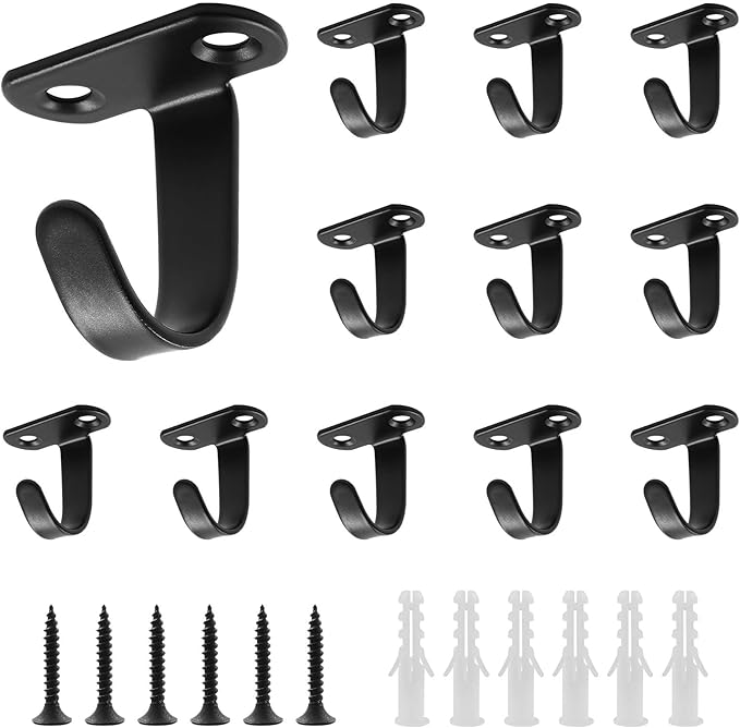 12Pcs Screw Mount Ceiling Hooks Stainless Steel Under-Shelf Towel Hook Heavy Duty Coat Hook Hanger for Kitchen, Cupboard, Cabinet, Bathroom (Matte Black)