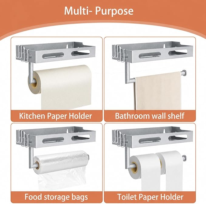 Paper Towel Holder Wall Mount with Shelf, Easy One Hand Tear, Adhesive Glue or Drill Mount Hanging Paper Towel Holder with Shelf for Kitchen/Bathroom/RV, Silver Metal, 4 Hooks