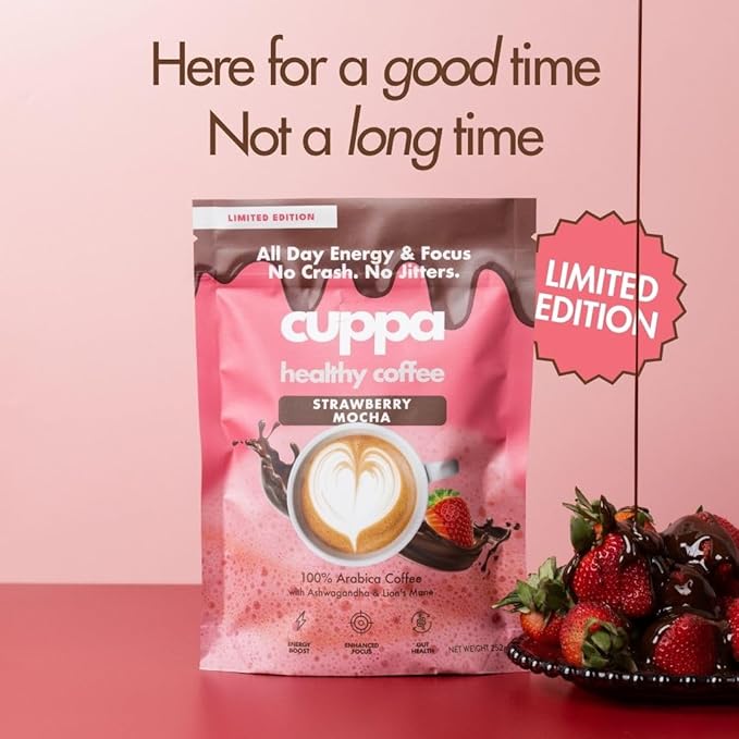 Cuppa Strawberry Mocha Mushroom Coffee with Adaptogens & Superfoods - Lion’s Mane, Ashwagandha & Cordyceps. Adaptogens + MCT to support natural energy, mental focus & gut health (30 Servings)