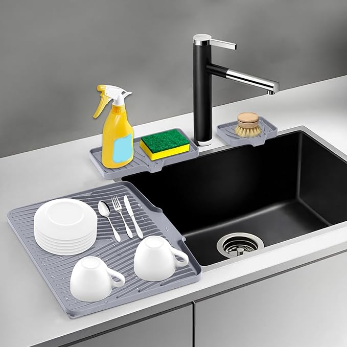 Silicone Dish Drying Mat for Kitchen Counter, Dish Drying Pad, Non-Slip Drain Pad with Built-in Drain, Heat Resistant Stone Drying Mat,Grey-1Set XL