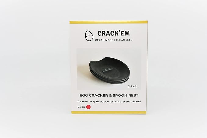 THE ORIGINAL Crack'em Egg Cracker & Spoon Rest (Red 3-Pack) - Perfectly Cracks Eggs & Contains Messes - Easy to Use & Clean - Great for Kids - Prevents Broken Yolks