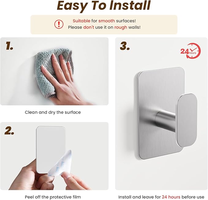 Large Heavy Duty Wall Hooks - 26lb Max, Stainless Steel Adhesive Towel Hooks for Hanging Towel, Coat, Robe, Hat, Sticky Towel Holder for Wall Mount in Bathroom, Shower, Kitchen(Silver, 4 Pack)