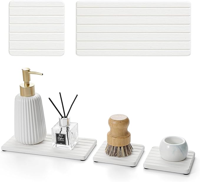 Diatomaceous Earth Sink Organizer Tray Set, 3-Pack Fast Drying Water Absorbing Stone Soap Holder Caddy for Kitchen & Bathroom Counter, Faucet Splash Guard, White (1pc of 8"x3.8" + 2pcs of 3.8"x3.8")