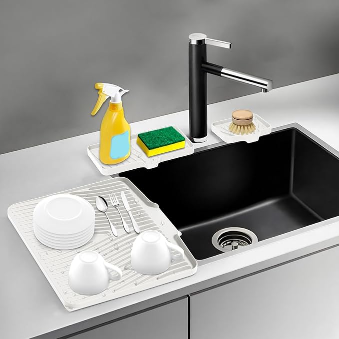 Silicone Dish Drying Mat for Kitchen Counter, Dish Drying Pad, Non-Slip Drain Pad with Built-in Drain, Heat Resistant Stone Drying Mat,Cream-1Set