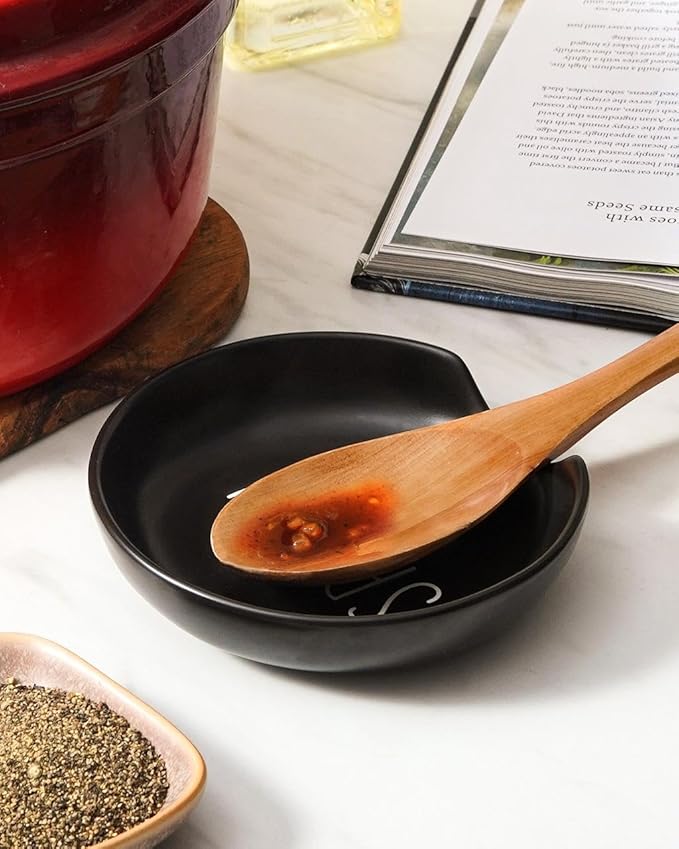 LE TAUCI Spoon Rest for Stove Top, Set of 4 Ceramic Spoon Holder for Kitchen Counter, 5-Inch Modern Coffee Spoon Rest for Spatula, Tea Bag, Ladle, Dishwasher Safe, Matte Black