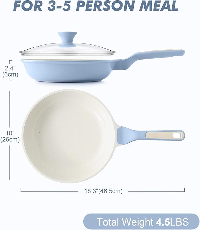 SENSARTE Nonstick Ceramic Frying Pan with Lid 10 Inch Omelet Pan Skillet, Free of Intentionally Added PFAS/PTFE Non-toxic Chef's Pan Induction Compatible Pan, Heat Resistant Handle, Glacier Blue