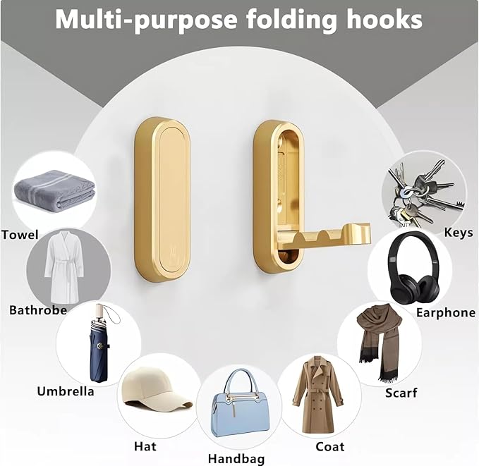 Gold Hooks for Wall Folding Coat Hook Folding Wall Hooks Up to 55 lbs Heavy Duty Space-Saving Easy Installation Metal Foldable Hook Wall Mount for Hanging Coats, Hats, Keys, Bags (2PCS - Black)