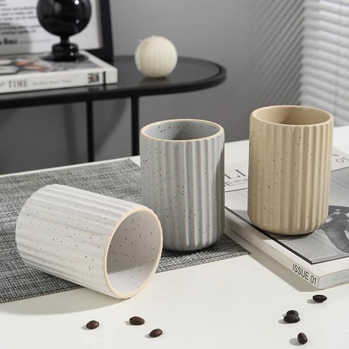 TOPYOKK Stoneware Coffee Bar Utensil Holder Tea & Coffee Spoon & Stirrer Holder for Stir Stick Straw Teaspoon Holder Spoon Cup Small Utensil Jar Fluted Vertical Stripe (Speckled Beige)