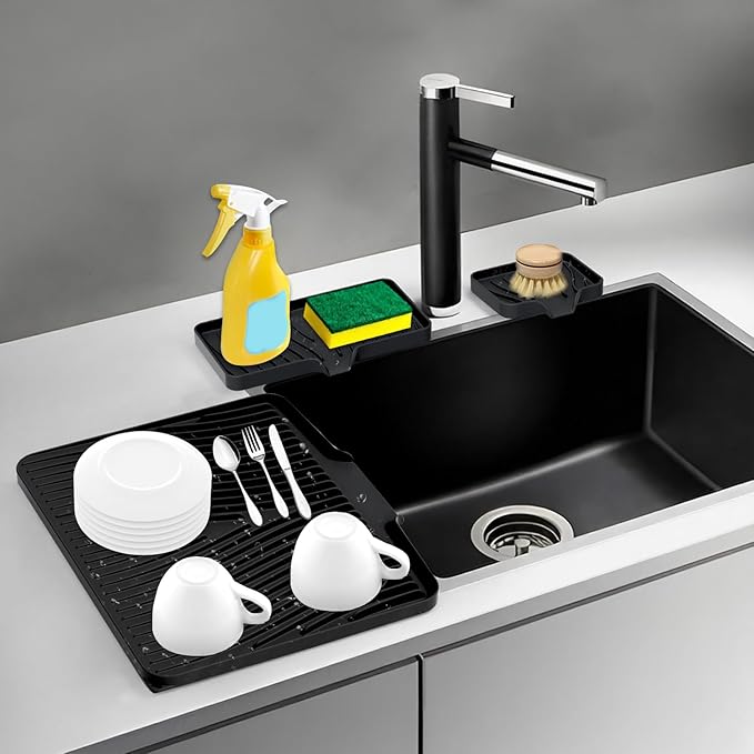 Silicone Dish Drying Mat for Kitchen Counter, Dish Drying Pad, Non-Slip Drain Pad with Built-in Drain, Heat Resistant Stone Drying Mat,BLack-1Set-XL