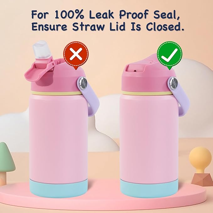 Kerilyn 12oz Kids Water Bottle, Stainless Steel Insulated Water Bottle for Kids, Toddler Cup With Straws Leak-proof, Toddler Water Bottles for School Boys Girls, BPA Free, Pink
