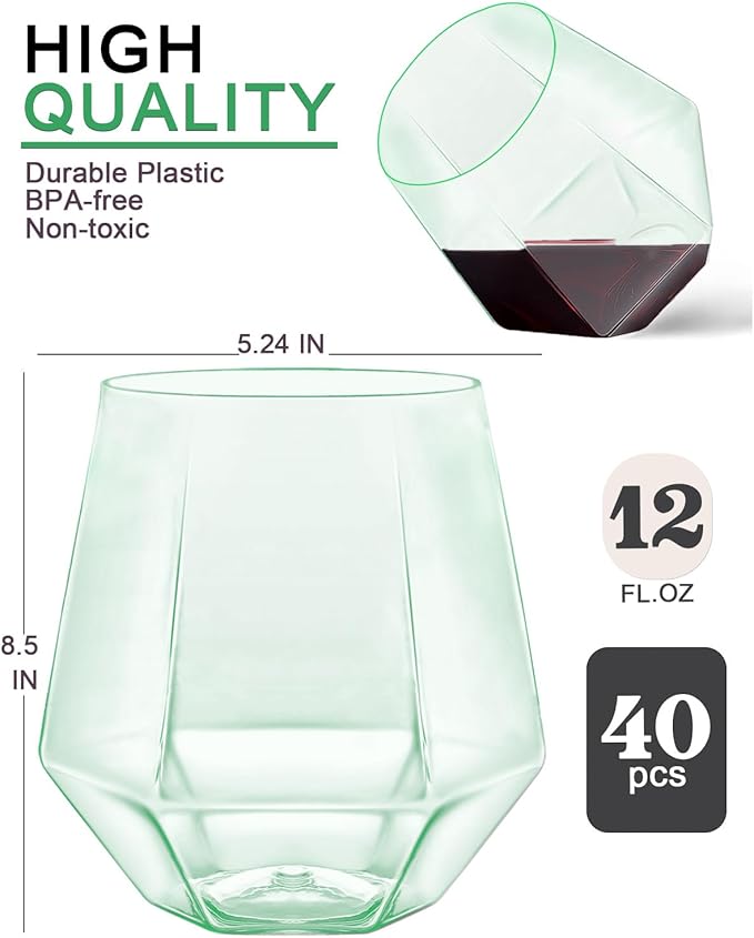 Maaacute 40 Pack Plastic Stemless Wine cocktail Whiskey Champagne Glasses, 12 Oz Disposable Unbreakable Cups for Party Bars Wedding Tasting (Green)