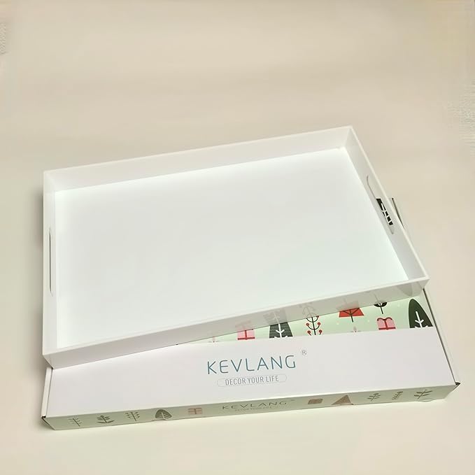 KEVLANG Glossy White Sturdy Acrylic Serving Tray with Handles-12x20 Inch-Serving Coffee Appetizer Breakfast-Kitchen Countertop Makeup Drawer Organizer-Vanity Table Ottoman Decorative Tray