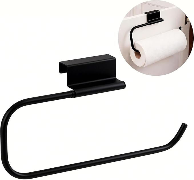Over Cabinet Door Paper Towel Holder for Kitchen Cabinet Stainless Steel, Under Sink No Drilling Roll Dispenser for RV, Black