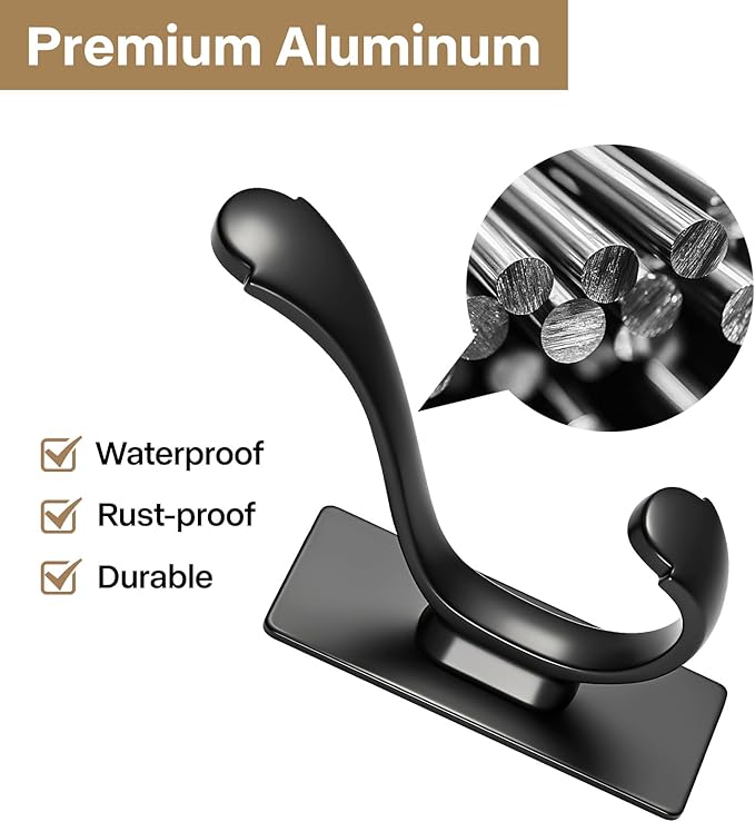 Adhesive Coat Hooks Coat Rack Wall Mount Heavy Duty Stainless Wall Hook for Towel Backpack Hat Sturdy Metal Hanger for Bathroom Bedroom Door 4 Pack Matt Black