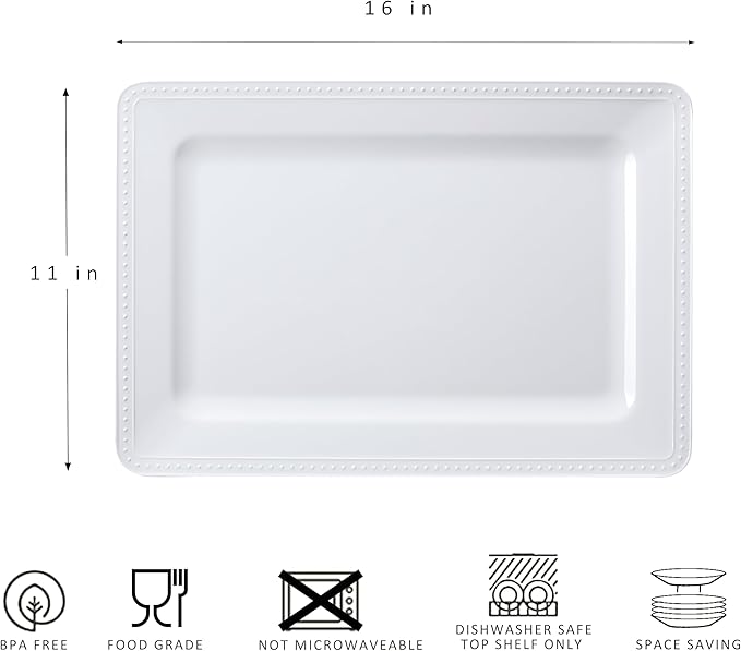 Melamine Beaded Serving Platters for Appetizer, Veggie, Charcuterie,Dessert, Set of 4, White Serving Trays for Party & Entertaining, Large Unbreakable Rectangular Party Platters, Dishes