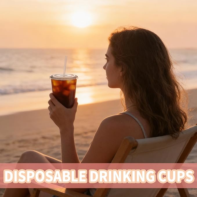 Alaeseje 50 Pack Clear Plastic Cups with Lids and Straws,20 oz Disposable Iced Coffee Cups,PET Crystal Cups,Round Bottom To Go Cup for Iced Coffee Juice Smoothie Cold Beverage