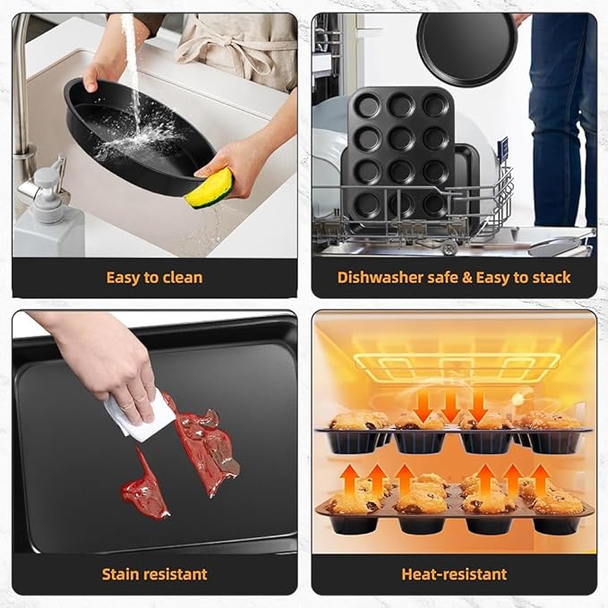 5-Piece Nonstick Baking Pans Set - Professional Grade Carbon Steel Bakeware with Premium Coating- Dishwasher Safe, Stackable, Oven Safe to 450°F (Black-5PCS)