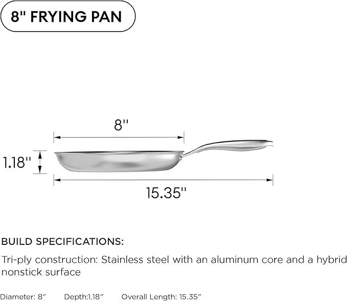 COOKER KING 8-Inch Stainless Steel Pan, Hybrid Nonstick Frying Pan, Skillet, 3-Ply Clad Cookware, Even Heat Distribution, Dishwasher & Oven Safe, with Stay-Cool Handle, Induction Compatible