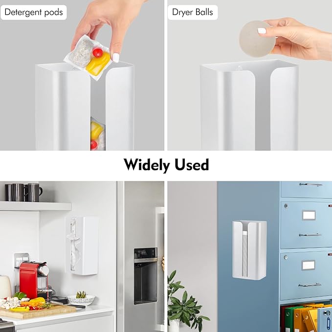Magnetic Laundry Dryer Sheet Dispenser, Tissue Holder, Garbage Bag Dispenser for Fridge, Kitchen, Laundry (White)