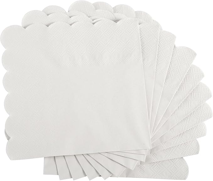 100 Pcs Cocktail Napkins, 2-Ply 5 x 5 Inches Disposable Scalloped Napkins, Thick Premium Dessert Napkins for Party, Wedding, Dinner, Birthday, Anniversary, Festival (White)