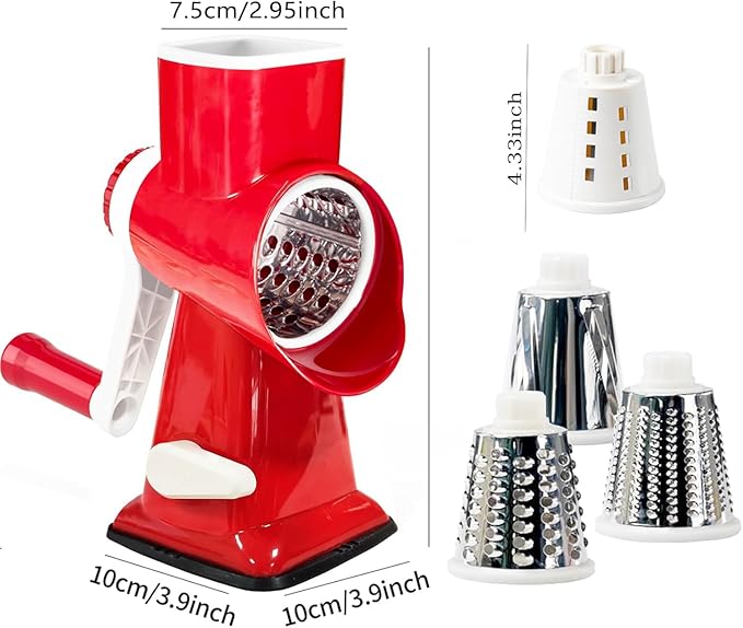 KalraMay Rotary Cheese Grater with Handle, Multifunctional Kitchen tool, Stainless Steel Rotary Grater Slicer for Fruit, Vegetables, Nuts (Red)