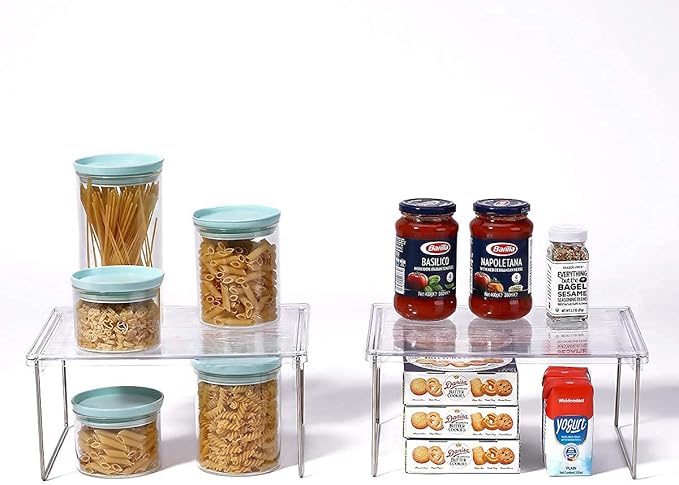 IVYHOME Pantry Organizer, Cabinet Storage Shelf Rack, Stackable Kitchen Cabinet, Foldable Countertop Shelf Organizer, 2 Pack