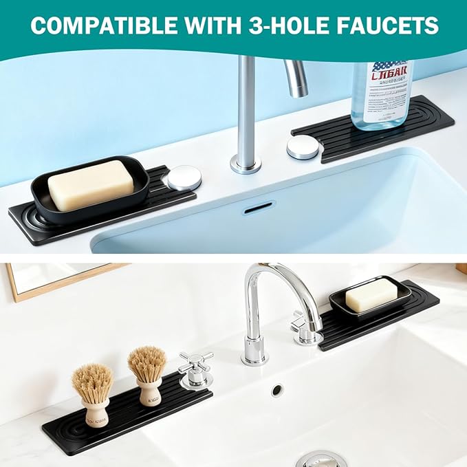 PEKER Teak Wood Faucet Mat for Kitchen Sink 23.6" – Natural Teak Sink Splash Guard Tray, Water-Resistant Wooden Sink Drip Catcher & Organizer for Kitchen & Bathroom Counter