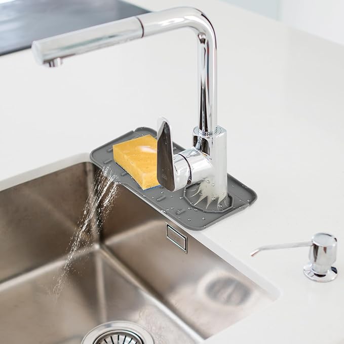 Sink Faucet Splash Guard Mat Silicone Soap Dish Pad Faucet Handle Drip Catch Sponge Holder Sink Protector Trays for Bathroom Kitchen Countertop Gadgets Accessories 8.3 x 5.7 Inch
