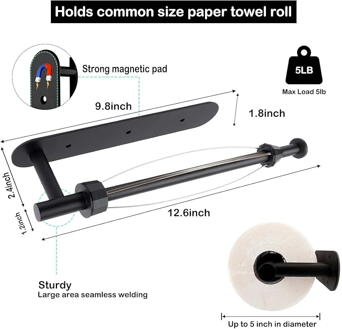 KIHOGEM Magnetic Paper Towel Holder, One Hand Operable Paper Towel Holder Wall Mount Self Adhesive and Strong Magnetic Backing for Kitchen Refrigerator Grill RV(Black)