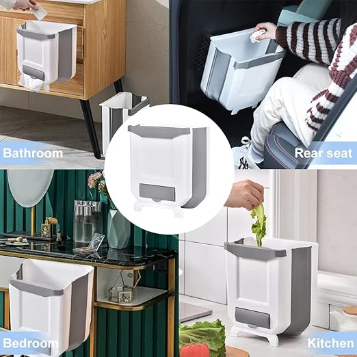 2 Pack Kitchen Trash Can, Foldable Trash Can for Kitchen, Collapsible Hang Small Plastic Garbage Can 2.4 Gallon for Cabinet/Car/Bedroom/Bathroom/Office (White, 2PC)
