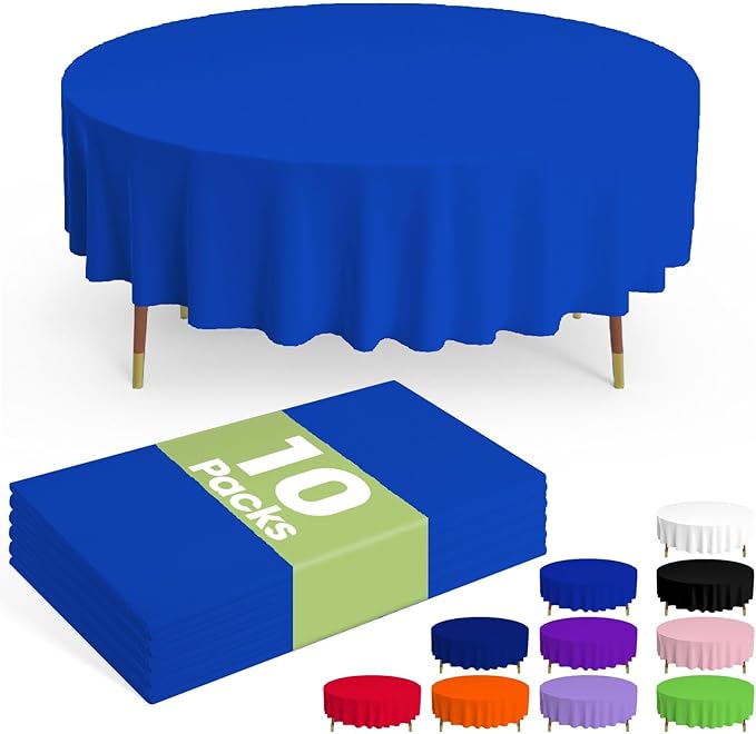 Pureegg Plastic Table Cloth Disposable 10 Pack, 84'' Round Table Cloths, Graduation, Patriotic Decorations, Thanksgiving, Veterans Day Tablecloths, Round, Plastic Cover, Leakproof & Sturdy, Blue