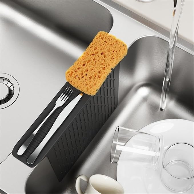 Silicone Kitchen Sink Divider Mat Heat Resistant Counter Protection Pad Double Basin Bridge Mat Dishwasher Safe Non-Slip Dish Drying Rack Between Sinks 17.6x12.8(Black)