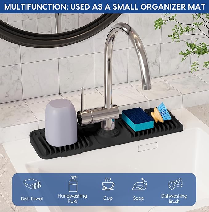 17.7 Inch Silicone Faucet Mat for Kitchen Sink Splash Guard - 7ยฐ Slope Upgraded Water Draining Mat with Fasten Button for Bathroom Area(Black, 17.7''x5.5'')