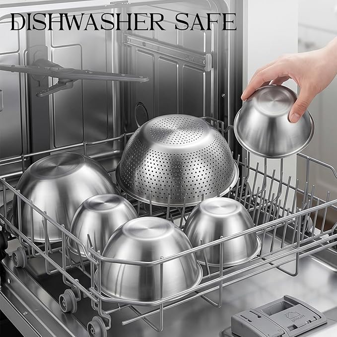 DUTZUN Heavy-Duty Stainless Steel Mixing Bowls Set of 5 plus 3QT Colander, Nesting Kitchen Metal Bowl for Baking Prep Salads Serving Cooking, Dishwasher Safe — 4.0 to 0.8 QT