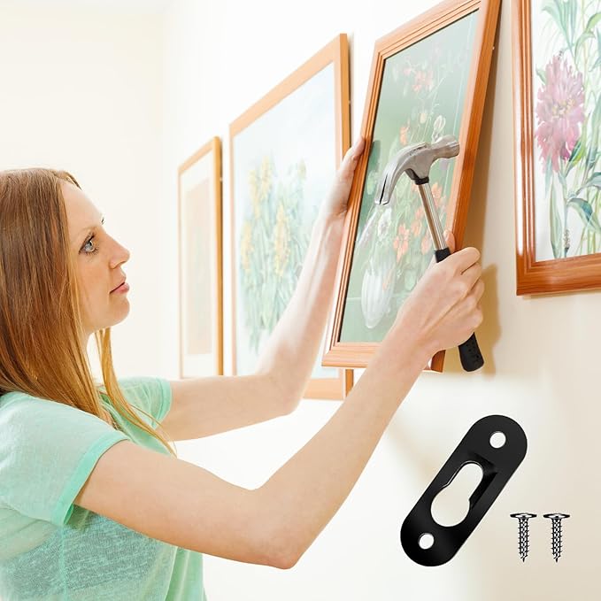 20 Pack Keyhole Hangers, 43x16mm Heavy Duty Metal Hanging Bracket Hardware Picture Fixings Wall Plate Hangers with 40 PCS Screws for Mirror Picture Frame Shelf Hangers Brackets (Black)