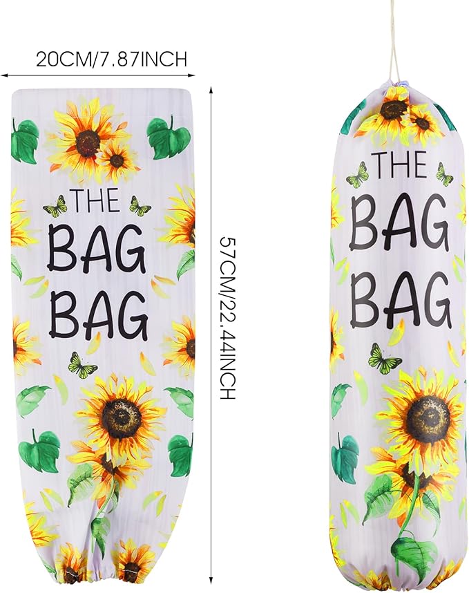 Plastic Bag Holder, Sunflower Kitchen Dispenser Holders Reusable Washable Trash Garbage Bag Holder with Drawstring Closure for Home Kitchen Pantry Groceries Store Decor
