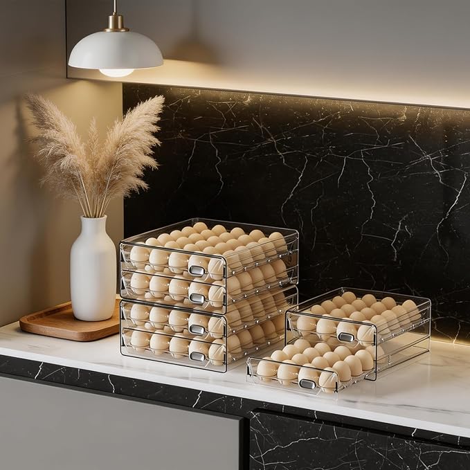 HIYOHIYO Clear 40 Egg Holder for Fridge, High Capacity Egg Storage for Refrigerator, Large Egg Container for Refrigerator, Stackable Eggs Storage Trays for Countertop (2 Layer, 9.8"x 8.5"x 5.5")