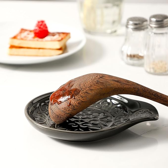 Farmhouse Ceramic Spoon Rests Holder for Kitchen Counter Stove Top (Black-A4)