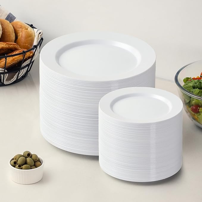 AOZITA 200 PCS White Plastic Plates, Premium Heavy Duty Disposable Plates for Party, 100 Dinner Plates & 100 Salad Dessert Plates, Sturdy Hard Plastic Dinnerware for Wedding, Events