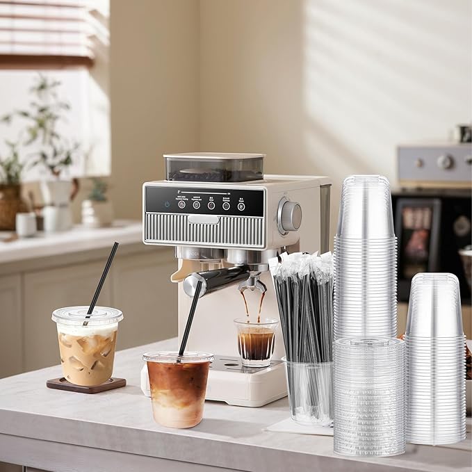 tchrules 100 Set 12oz Plastic Cups with Lids and Straws, Disposable Clear Iced Coffee Cup with Lid, Round Bottom Plastic To Go Cups for Cold Drinks Slushie Smoothie Lemonade Party Picnic Shop Supplies
