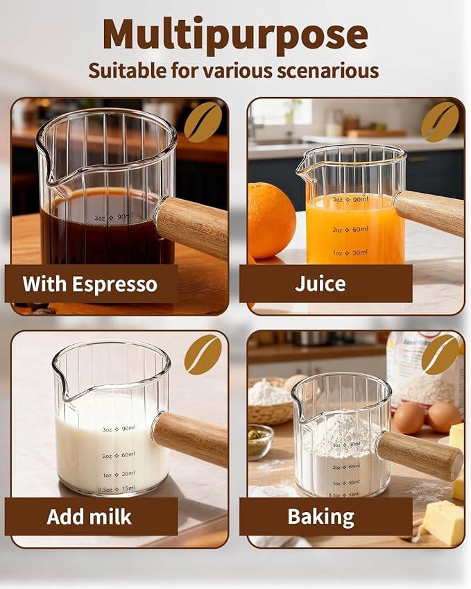 Espresso Measuring Cup 3 Oz, Espresso Glass Cups with Wood Handle, Milk Frothing Cup, Espresso Cup for Coffee, Milk, Tea or Maple Syrup Serving