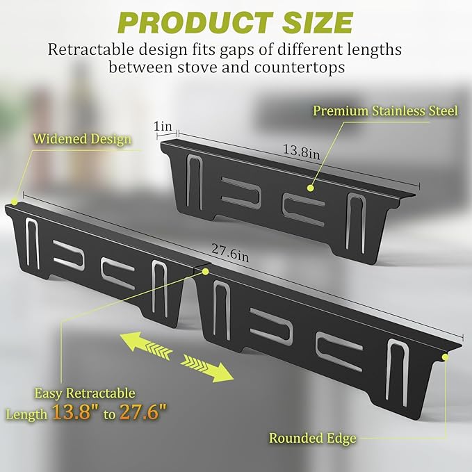 Stove Gap Covers Stainless Steel, Stove Gap Filler Range Trim Kit, Oven Gap Filler for Stove and Counter, Heat-Resistant Stove Gap Guards, Easy Retractable Length 13.8" to 27.6", Width 1", Black(2PCS)